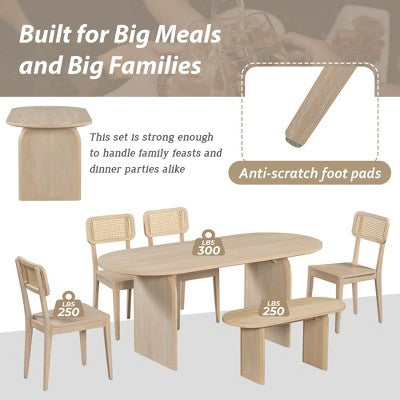 GDFStudio Tom 6 Piece Solid Wood and PE Rattan Dining Set with 71 Double Pedestal Table