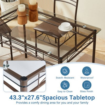 VECELO 5 Piece Dining Table Set with Glass Top Table & 4 Upholstered Chairs, Kitchen Rectangular Table Set Brown/Black