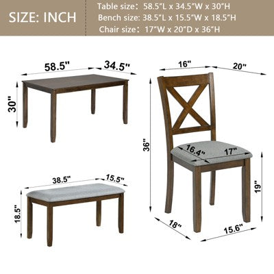GDFStudio Callan Farmhouse Wood Upholstered 6 Piece Dining Set with Bench