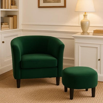 Velvet Accent Chair with Ottoman, Modern Barrel Chair Armchair for Living Room, Bedroom