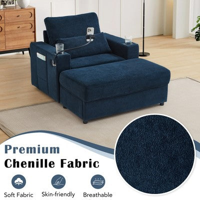 GDFStudio Roy Modern 42.5 Armchair Chaise Lounge Sofa with Movable Storage Ottoman and USB Ports