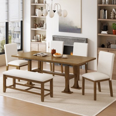6 Pieces Dining Table Set with Bench for 6, Kitchen Table Set with Storage Drawer and 4 Upholstered Dining Chairs
