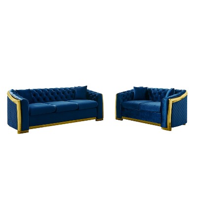GDFStudio Tom 2 Piece Mid-Century Modern Chesterfield Velvet Upholstered 5-Seater Sofa Set with 4 Pillows