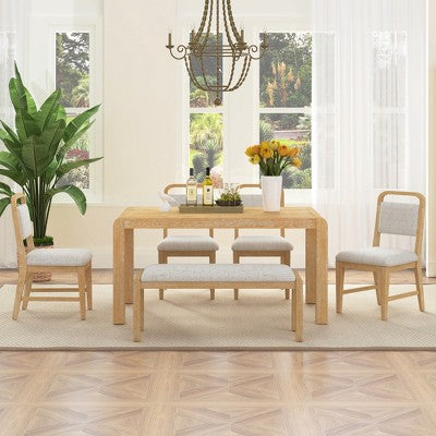 6-Piece Extendable Dining Set with 4 Upholstered Chairs & Bench, 60-72 Mid-Century Modern Kitchen Table with Curved Legs - ModernLuxe