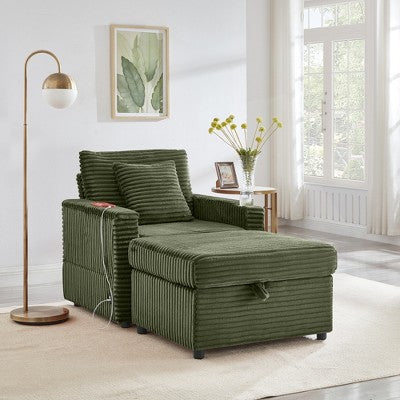 GDFStudio Tenley Modern Chenille Accent Chair with Storage Ottoman, Cup Holder and Convertible Armrest Table