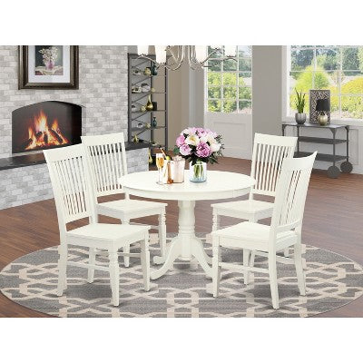 HomeStock 5-Piece Round Linen White Finish Solid Wood Top Dining table with 4 Chairs