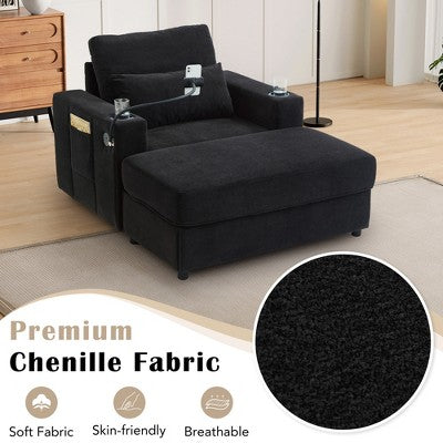 GDFStudio Roy Modern 42.5 Armchair Chaise Lounge Sofa with Movable Storage Ottoman and USB Ports