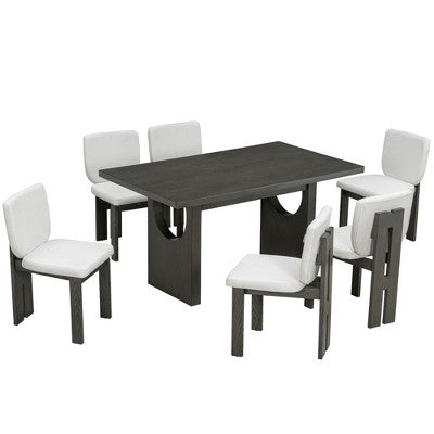 7-Piece Retro Dining Set, 1 Rectangular Table with Designed Trestle Base and 6 Upholstered Chairs - ModernLuxe