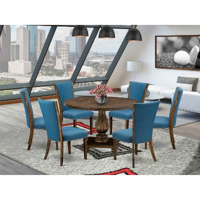 HomeStock 7-Piece Distressed Jacobean Finish Solid Wood Top Dining Table with 6-Parson Chairs