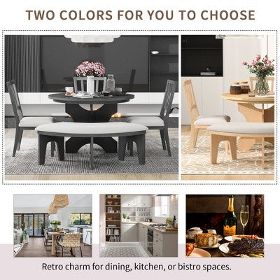 5-piece Rustic Charm Round Dining Set with 3 Upholstered Chairs and Curved Bench for Dining Room, Kitchen and Living room-ModernLuxe