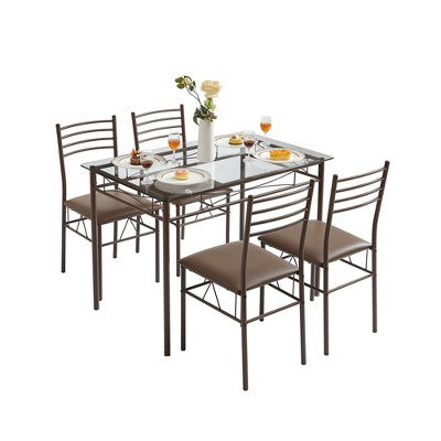 VECELO 5 Piece Dining Table Set with Glass Top Table & 4 Upholstered Chairs, Kitchen Rectangular Table Set Brown/Black