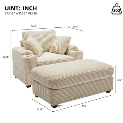 GDFStudio Ulen Modern Corduroy Upholstered Storage Chair with Ottoman and Detachable Cushions