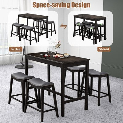 Costway 5PCS Bar Table Set Counter Height Table & Upholstered Saddle Stools Set for 4