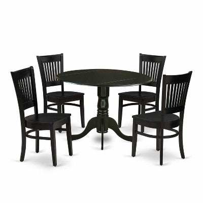 HomeStock 5-Piece Black Finish Solid Wood Top Dining table with 4 Chairs with Drop Leaf Slat Back