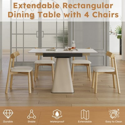 GDFStudio Lin 5 Piece Leather Upholstered Dining Expandable Table Set with 4 Chairs, Sintered Stone Tabletop and Steel Base