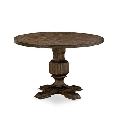 HomeStock Belmont 7 Piece Table Set Dining Room Table and 6 Light Sable Linen Fabric Chairs with High Back - Distressed Jacobean Finish
