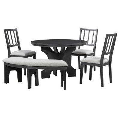 5-piece Rustic Charm Round Dining Set with 3 Upholstered Chairs and Curved Bench for Dining Room, Kitchen and Living room-ModernLuxe
