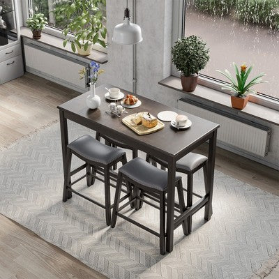 Costway 5PCS Bar Table Set Counter Height Table & Upholstered Saddle Stools Set for 4