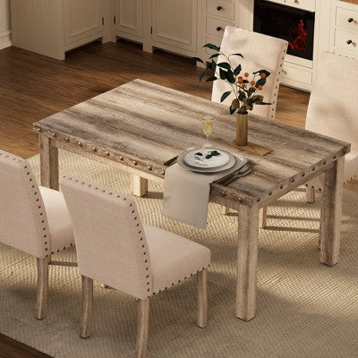 Wooden Dining Set - Modern Farmhouse Style Rectangular Table & Upholstered Chairs for Kitchen & Dining Room (Beige)-Morden Fort