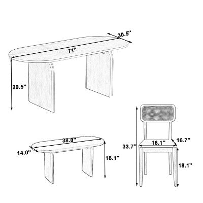 GDFStudio Tom 6 Piece Solid Wood and PE Rattan Dining Set with 71 Double Pedestal Table