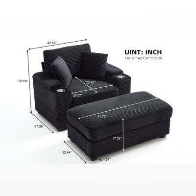 GDFStudio Ulen Modern Corduroy Upholstered Storage Chair with Ottoman and Detachable Cushions