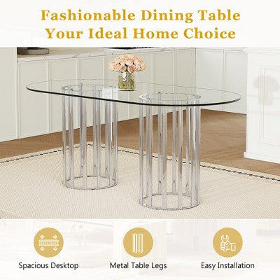 GDFStudio Arvion 8-Person Glass and Metal Dining Set with Faux Leather Upholstered Chairs