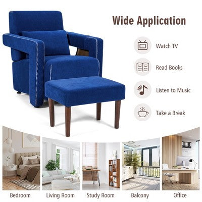 Costway Modern Berber Fleece Single Sofa Chair w/ Ottoman & Waist Pillow Red\Blue\Black\Green\Orange
