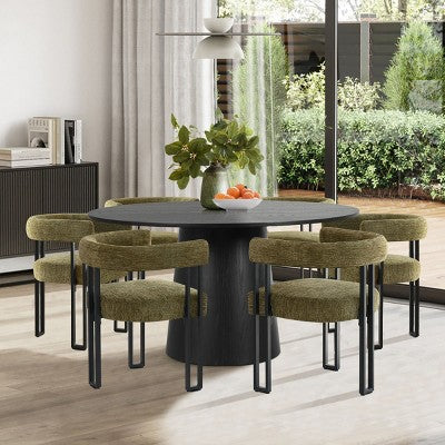 7-Piece Round Dining Table Set with 6 Upholstered Chenille Chairs, 52 Modern Pedestal Table with Metal Leg Dining Chairs for Kitchen-Panipeachy