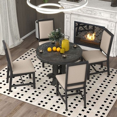 GDFStudio Salome 5 Piece Dining Set with Extendable Round Table and Upholstered Chairs