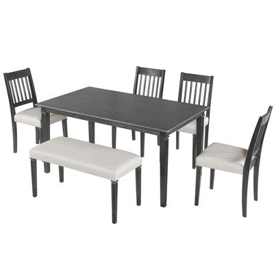 Farmhouse Dining Room Set for 6, 6 Pieces Wooden Rectangular Table and 4 Chairs with Bench for kitchen