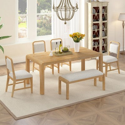 6-Piece Extendable Dining Set with 4 Upholstered Chairs & Bench, 60-72 Mid-Century Modern Kitchen Table with Curved Legs - ModernLuxe
