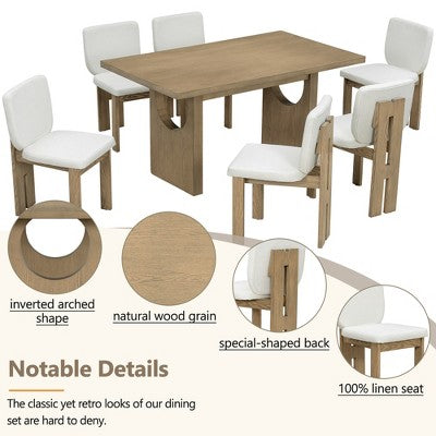 7-Piece Retro Dining Set, 1 Rectangular Table with Designed Trestle Base and 6 Upholstered Chairs - ModernLuxe
