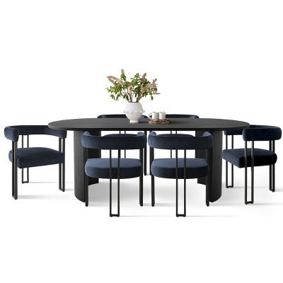 7-Piece Dining Table Set with Velvet Chairs, Modern Oval Black Table & Upholstered Armchairs with Metal Legs for Dining Room-Panipeachy