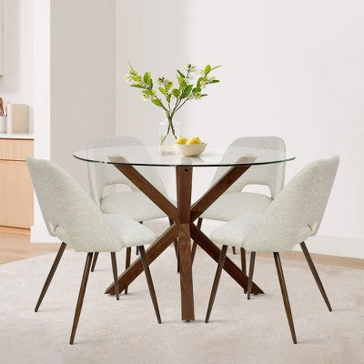 5-Piece Round Glass Dining Table Set with Upholstered Fabric Chairs, Modern Kitchen & Dining Room Furniture with Walnut Legs-Panipeachy