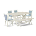 HomeStock 6-Piece Rectangle Wire Brushed Linen White Finish Solid Wood Top Dining Table with 1-Bench, 4-Chairs