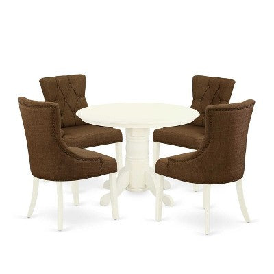 HomeStock 5-Piece Round Buttermilk & Cherry Finish Solid Wood Top Dining Table with 4 Parson Chair
