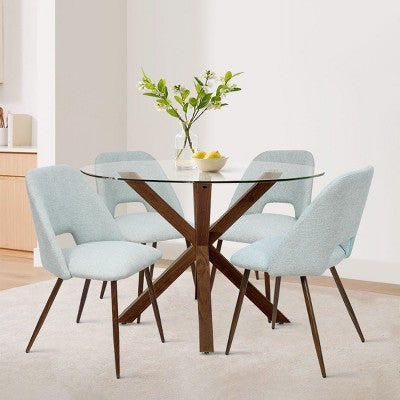 5-Piece Round Glass Dining Table Set with Upholstered Fabric Chairs, Modern Kitchen & Dining Room Furniture with Walnut Legs-Panipeachy
