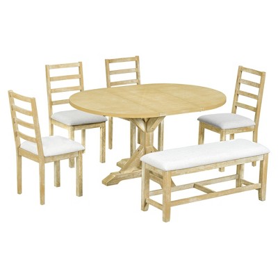 GDFStudio Zayd 6 Piece Dining Set with Extendable Pedestal Table, Ladder Back Chairs and Bench