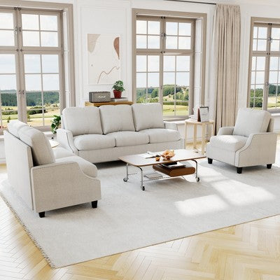 GDFStudio Cordoba Modern 3 Piece Upholstered Sofa Set with Nailhead Trim