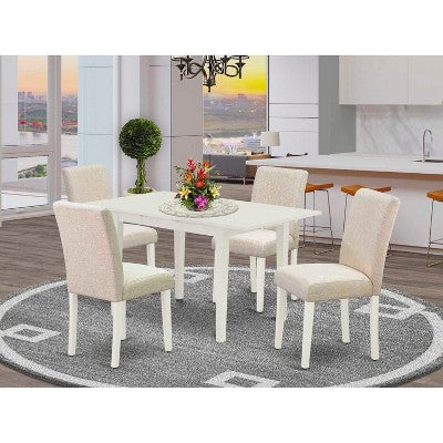 HomeStock 5-Pc Linen White Finish Solid Wood Top-Rectangular Upholstered Dining Room Set with Butterfly Leaf-Seats 4