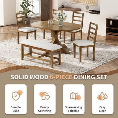 GDFStudio Zayd 6 Piece Dining Set with Extendable Pedestal Table, Ladder Back Chairs and Bench