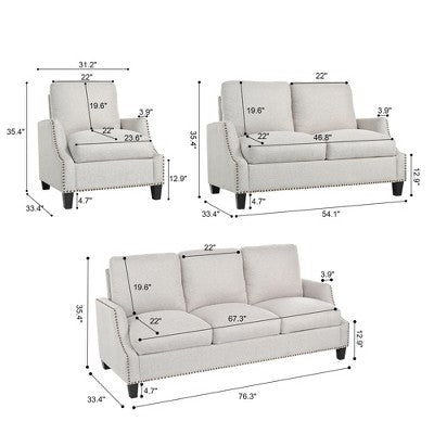 GDFStudio Cordoba Modern 3 Piece Upholstered Sofa Set with Nailhead Trim