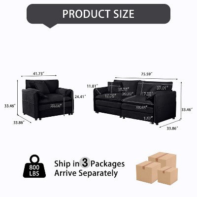 GDFStudio Jorah Modular 2 Piece Chenille Upholstered Sofa Set with 3 Pillows and Storage Pockets