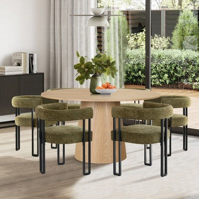 7-Piece Round Dining Table Set with 6 Upholstered Chenille Chairs, 52 Modern Pedestal Table with Metal Leg Dining Chairs for Kitchen-Panipeachy