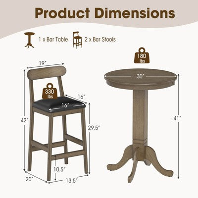 Costway 3 PCS Wood Bar Table Set with Pedestal Base, 2 Armless Stools, Padded Seat, Backrest