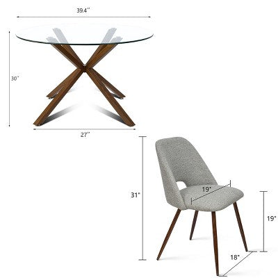 5-Piece Round Glass Dining Table Set with Upholstered Fabric Chairs, Modern Kitchen & Dining Room Furniture with Walnut Legs-Panipeachy