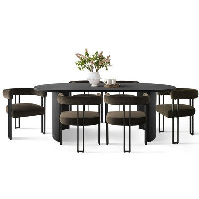 7-Piece Dining Table Set with Velvet Chairs, Modern Oval Black Table & Upholstered Armchairs with Metal Legs for Dining Room-Panipeachy