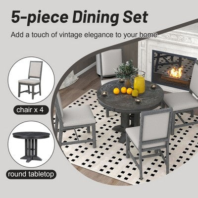 GDFStudio Salome 5 Piece Dining Set with Extendable Round Table and Upholstered Chairs