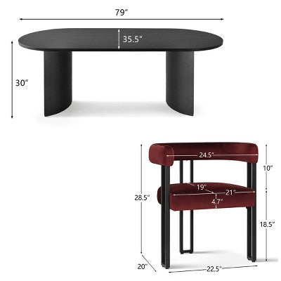7-Piece Dining Table Set with Velvet Chairs, Modern Oval Black Table & Upholstered Armchairs with Metal Legs for Dining Room-Panipeachy