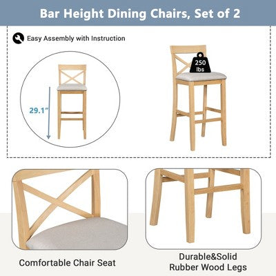 GDFStudio Varo Farmhouse Rectangular Acacia Wood Bar Height Dining Set with Upholstered Chairs